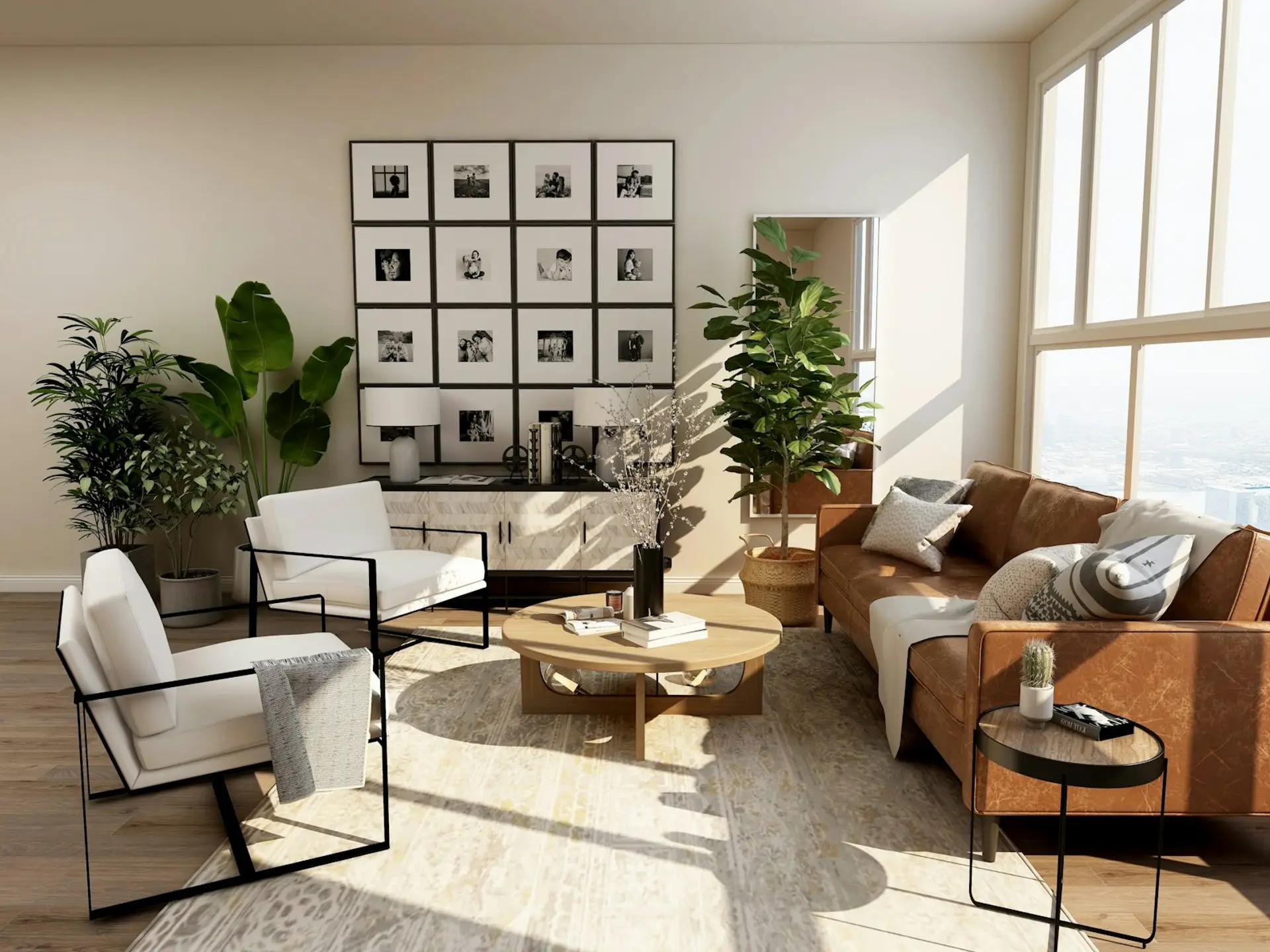 Bright, freshly cleaned living room with sofa, rug and large windows