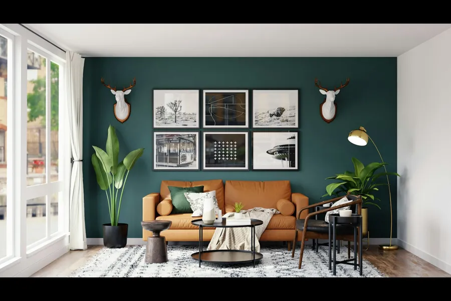 Tidy living room with a leather sofa, plants and framed prints